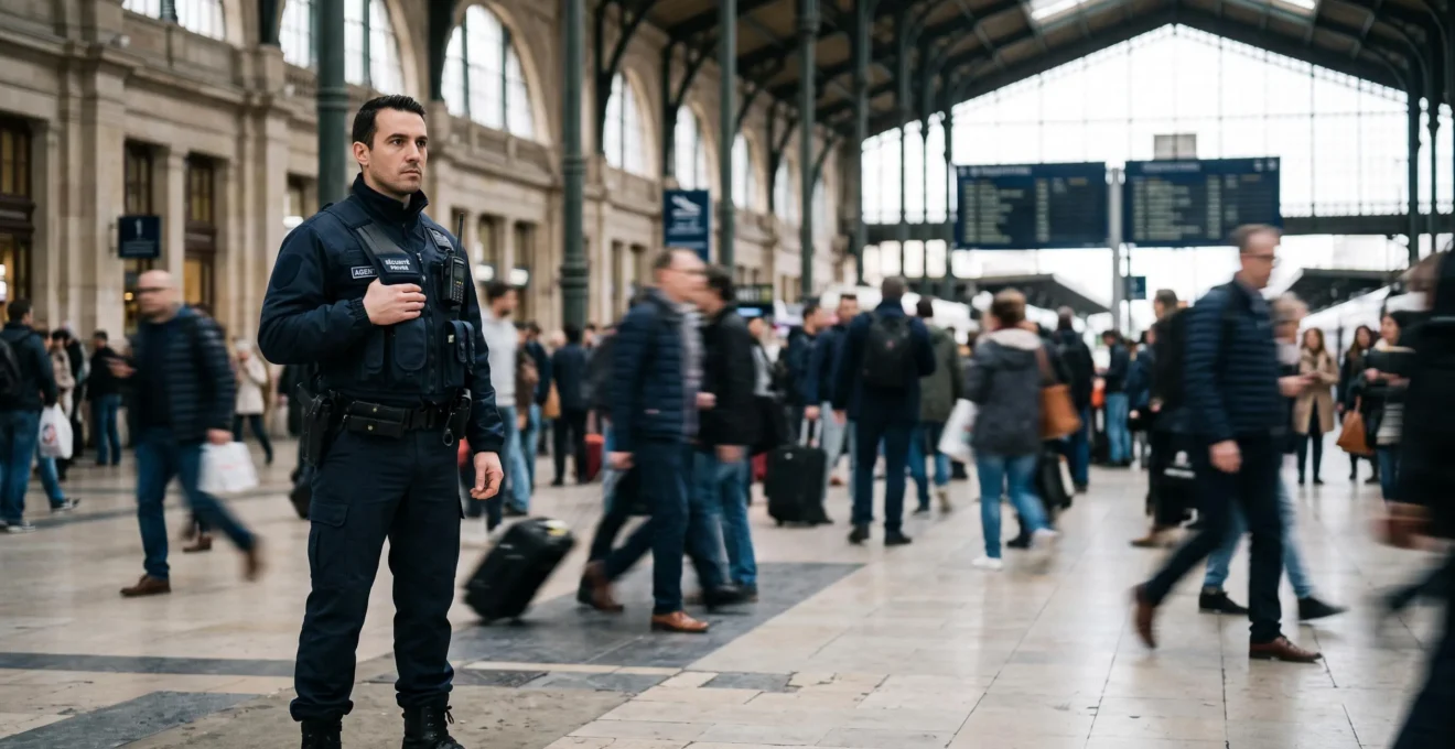 Agent de sécurité observant une foule dans un lieu public français, symbolisant l'évaluation rapide du niveau de danger
