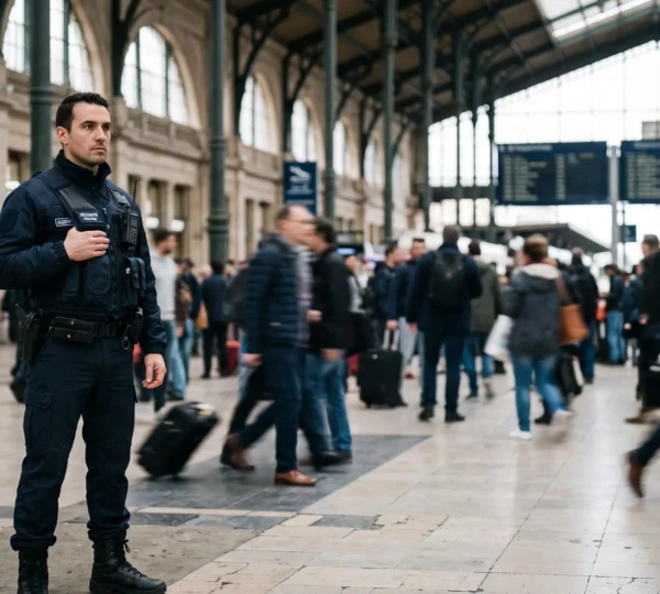 Agent de sécurité observant une foule dans un lieu public français, symbolisant l'évaluation rapide du niveau de danger