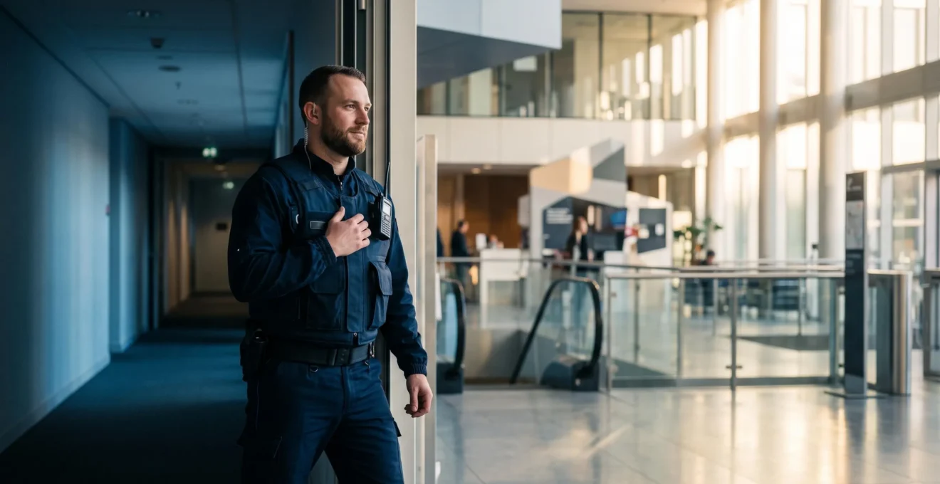 Agent de sécurité en uniforme observant son site professionnel au crépuscule, symbole d'évolution vers un poste de chef d'équipe