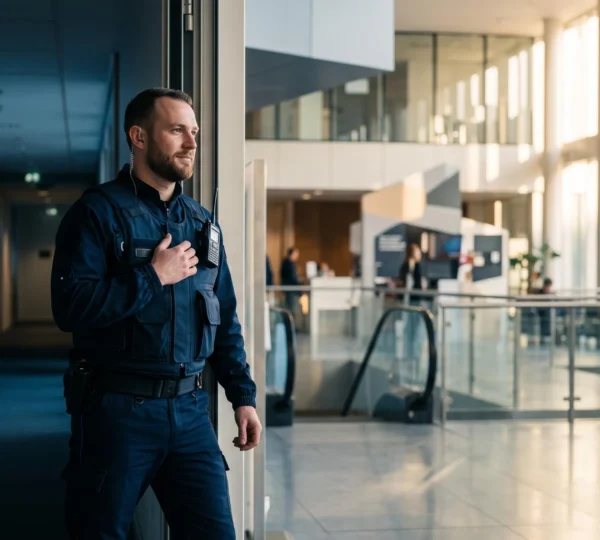 Agent de sécurité en uniforme observant son site professionnel au crépuscule, symbole d'évolution vers un poste de chef d'équipe