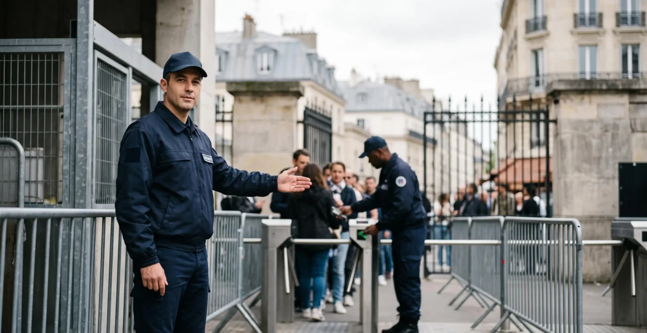 Agent de sécurité français inspectant un sac lors d'un contrôle de filtrage à l'entrée d'un événement