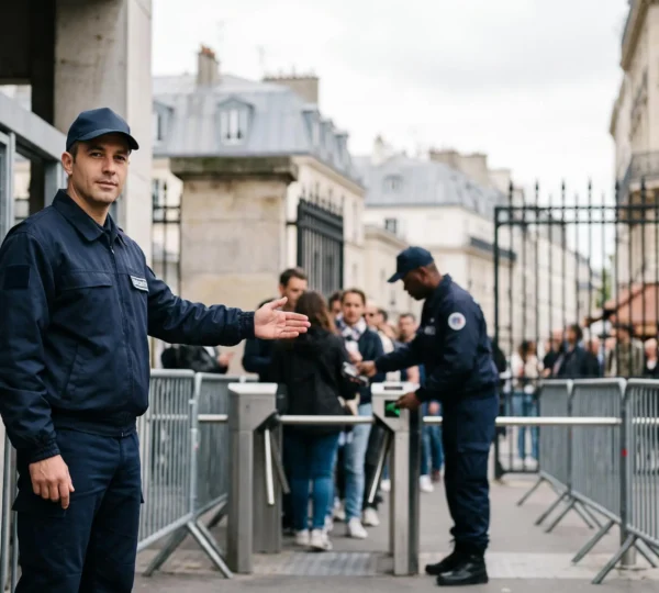 Agent de sécurité français inspectant un sac lors d'un contrôle de filtrage à l'entrée d'un événement
