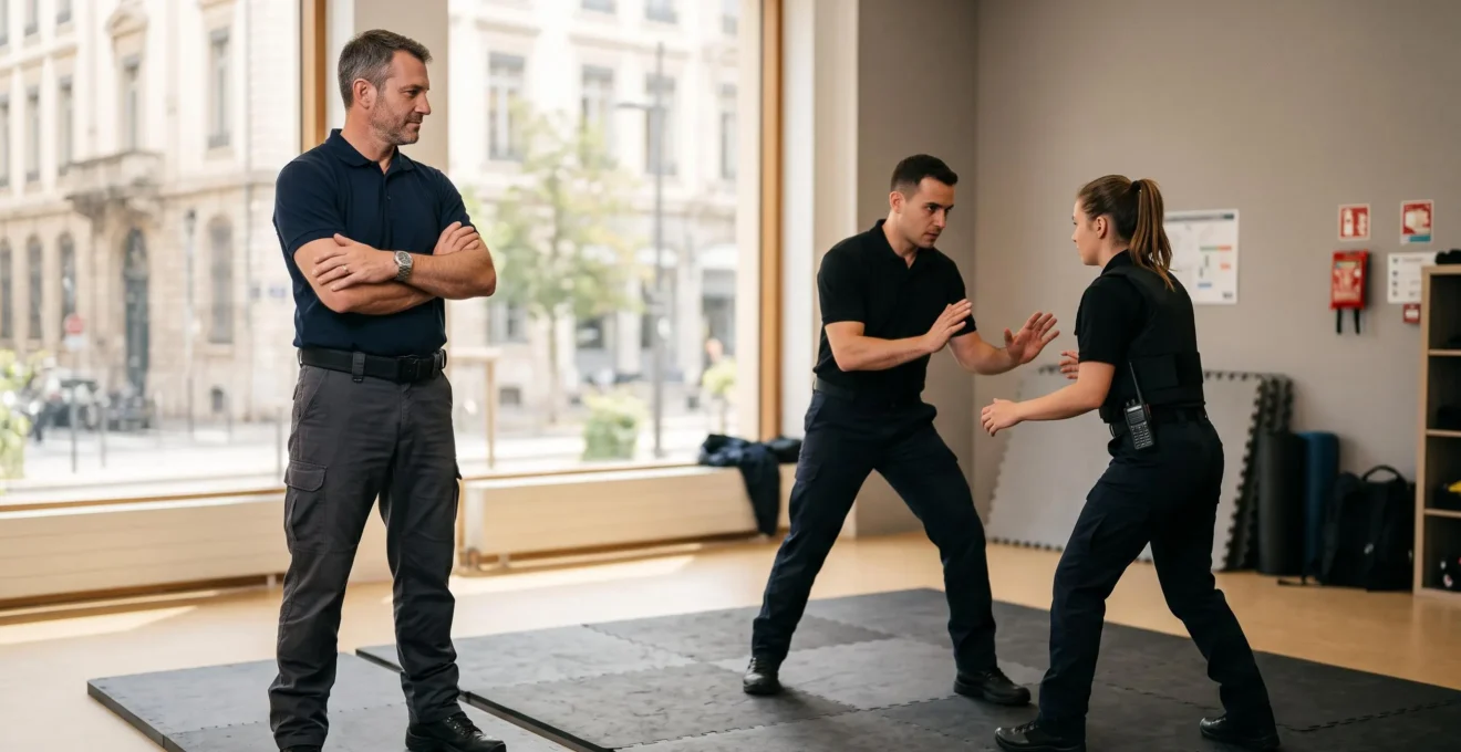 Formateur agréé CNAPS encadrant une mise en situation avec deux stagiaires en sécurité privée dans une salle de formation moderne en France