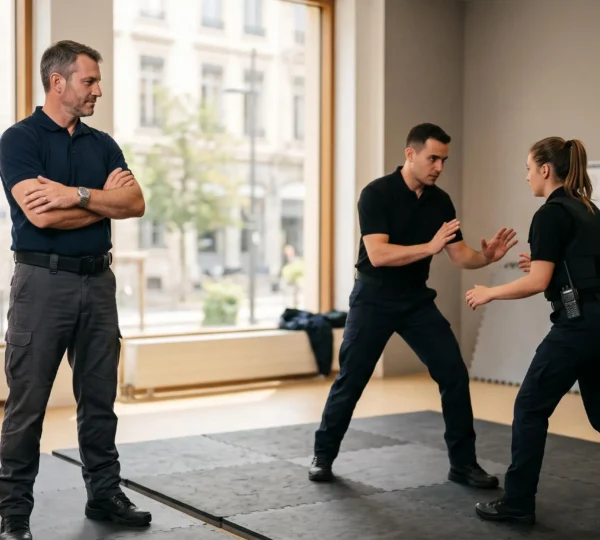 Formateur agréé CNAPS encadrant une mise en situation avec deux stagiaires en sécurité privée dans une salle de formation moderne en France