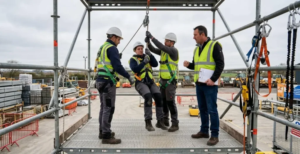 Des salariés en formation pratique sur un site de travaux en hauteur avec harnais et lignes de vie
