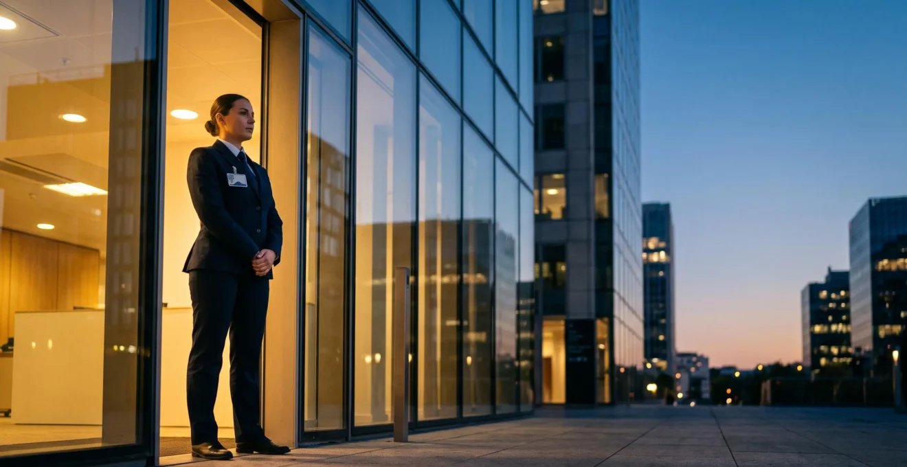 Agent de sécurité privée français en tenue professionnelle à l'entrée d'un immeuble de bureaux moderne au crépuscule, symbole de l'insertion professionnelle réussie