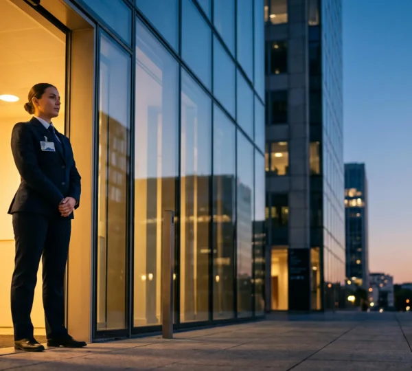 Agent de sécurité privée français en tenue professionnelle à l'entrée d'un immeuble de bureaux moderne au crépuscule, symbole de l'insertion professionnelle réussie