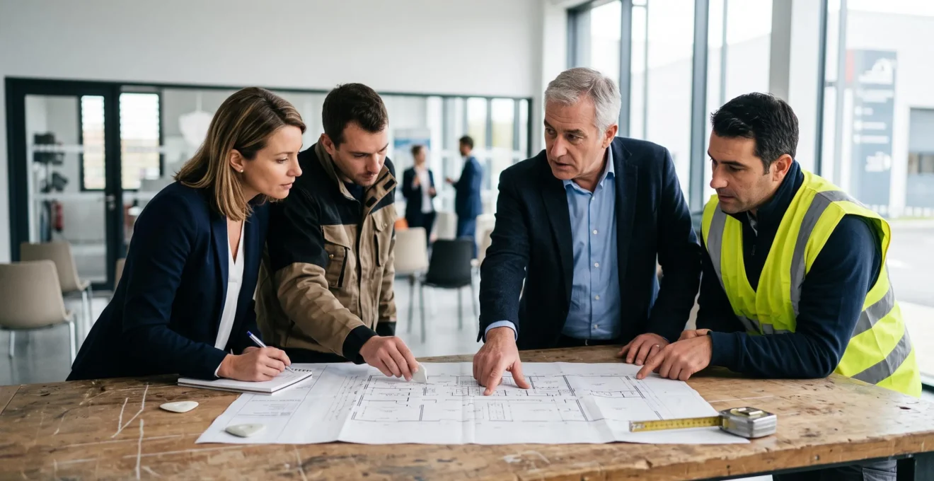 Formateur et professionnels de la sécurité concevant ensemble un programme de formation personnalisé dans un cadre professionnel français