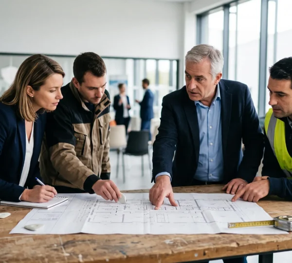 Formateur et professionnels de la sécurité concevant ensemble un programme de formation personnalisé dans un cadre professionnel français
