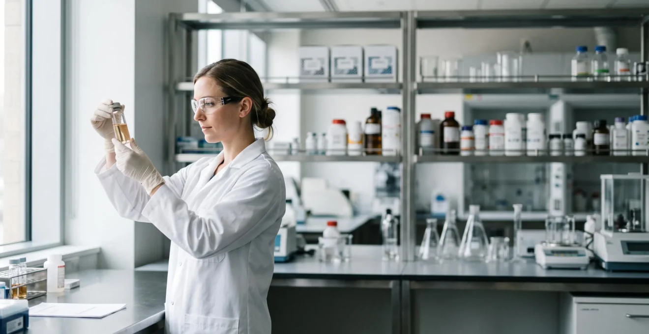 Hygiéniste du travail examinant un échantillon dans un laboratoire pharmaceutique français, incarnant l'anticipation des risques chimiques