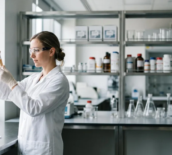 Hygiéniste du travail examinant un échantillon dans un laboratoire pharmaceutique français, incarnant l'anticipation des risques chimiques
