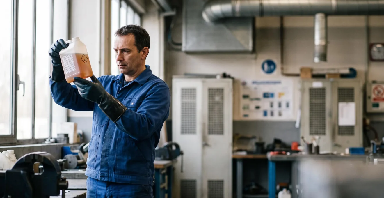 Technicien en tenue de protection inspectant avec précaution des contenants de produits chimiques dans un atelier industriel français