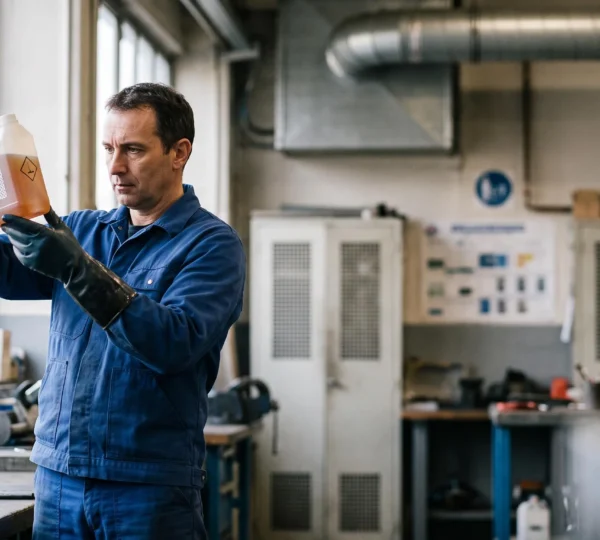 Technicien en tenue de protection inspectant avec précaution des contenants de produits chimiques dans un atelier industriel français