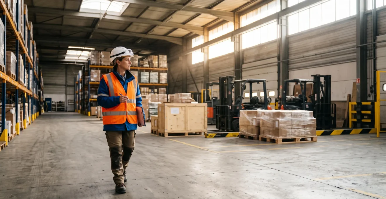 Un responsable sécurité inspecte une zone à risque sur un site industriel français lors d'une visite terrain