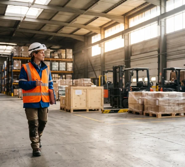 Un responsable sécurité inspecte une zone à risque sur un site industriel français lors d'une visite terrain