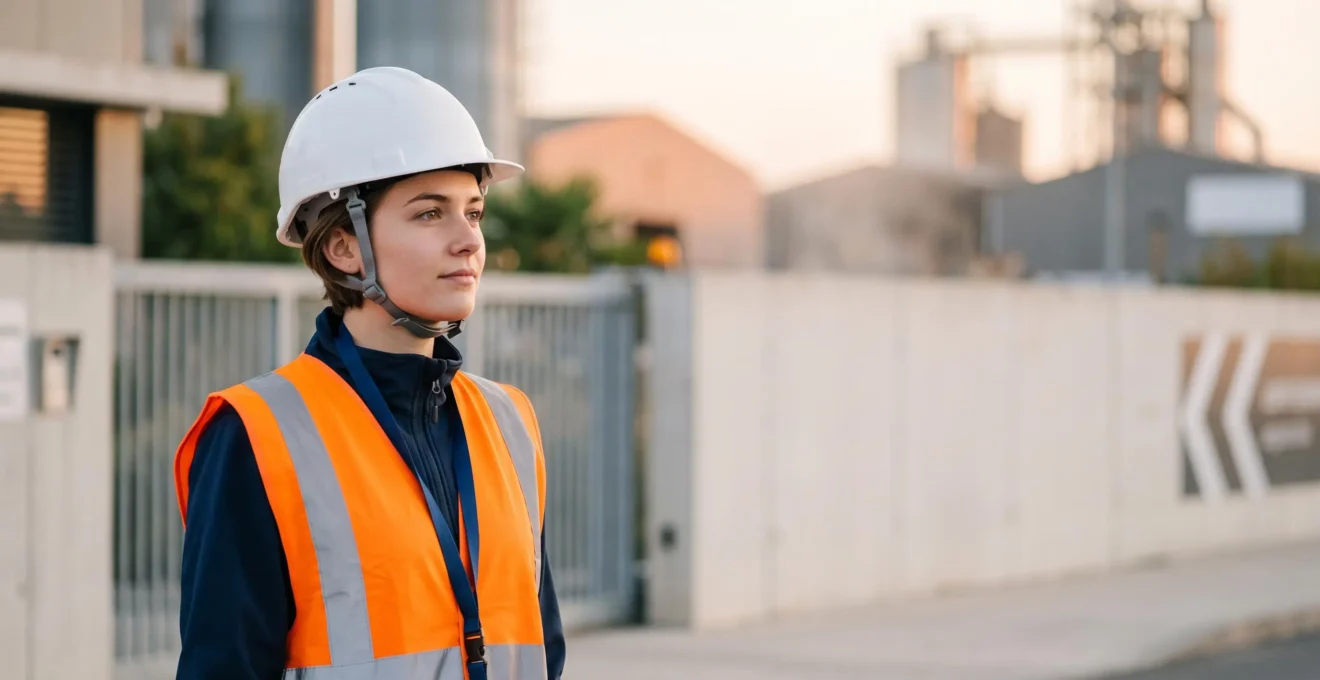Jeune diplômé HSE portant un casque de sécurité sur un site industriel français, symbole de la réussite professionnelle après un BUT