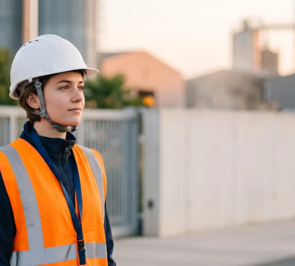 Jeune diplômé HSE portant un casque de sécurité sur un site industriel français, symbole de la réussite professionnelle après un BUT