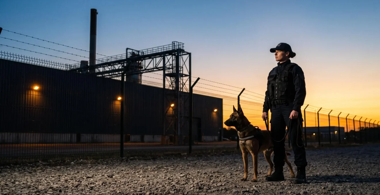 Agent de sécurité cynophile et son chien de travail en posture de vigilance sur un site industriel français au crépuscule, symbolisant l'évolution de carrière