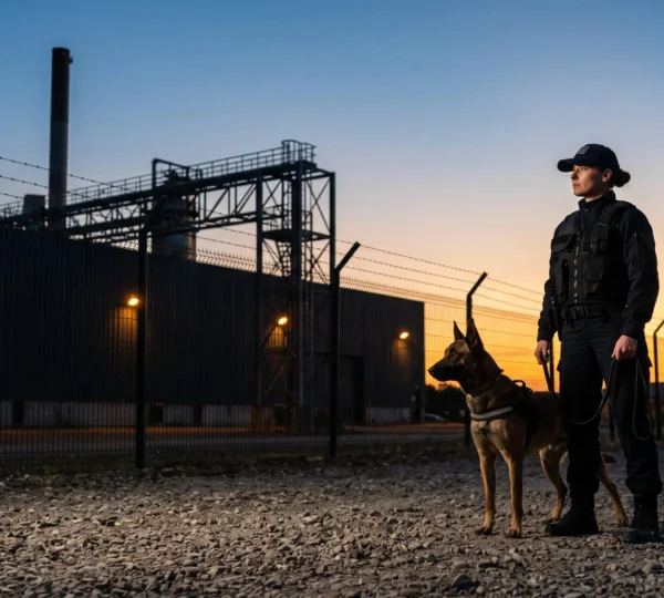 Agent de sécurité cynophile et son chien de travail en posture de vigilance sur un site industriel français au crépuscule, symbolisant l'évolution de carrière