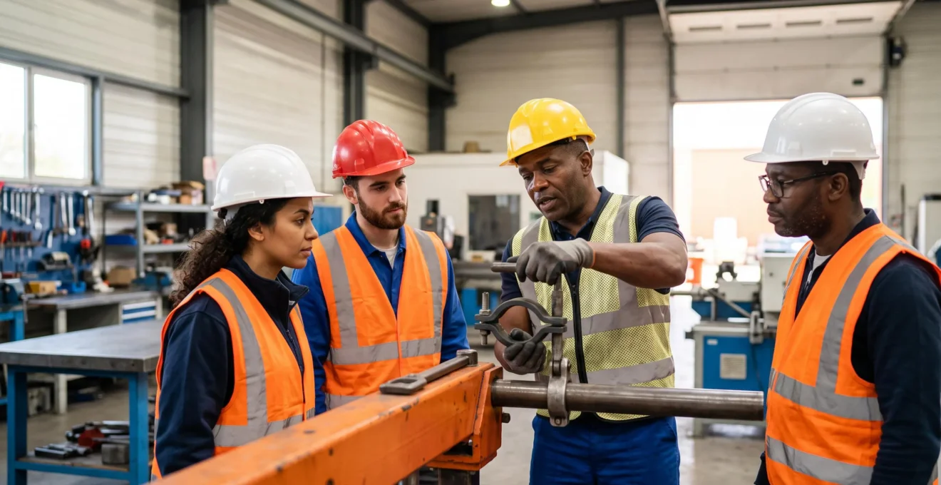 Formateur et stagiaires en atelier pratique de securite, ancrage durable des reflexes professionnels
