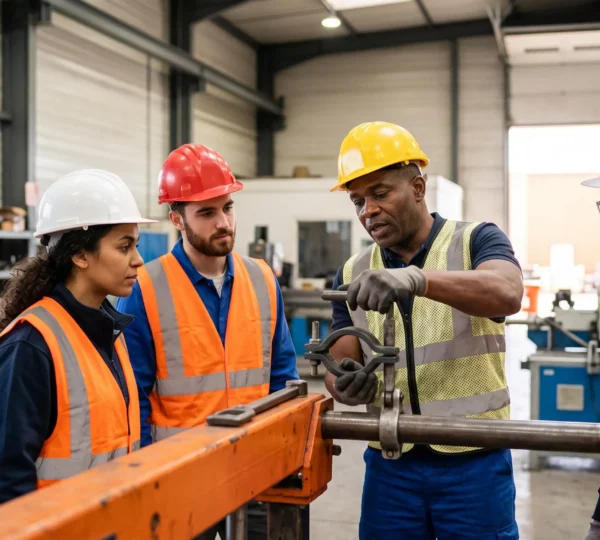 Formateur et stagiaires en atelier pratique de securite, ancrage durable des reflexes professionnels