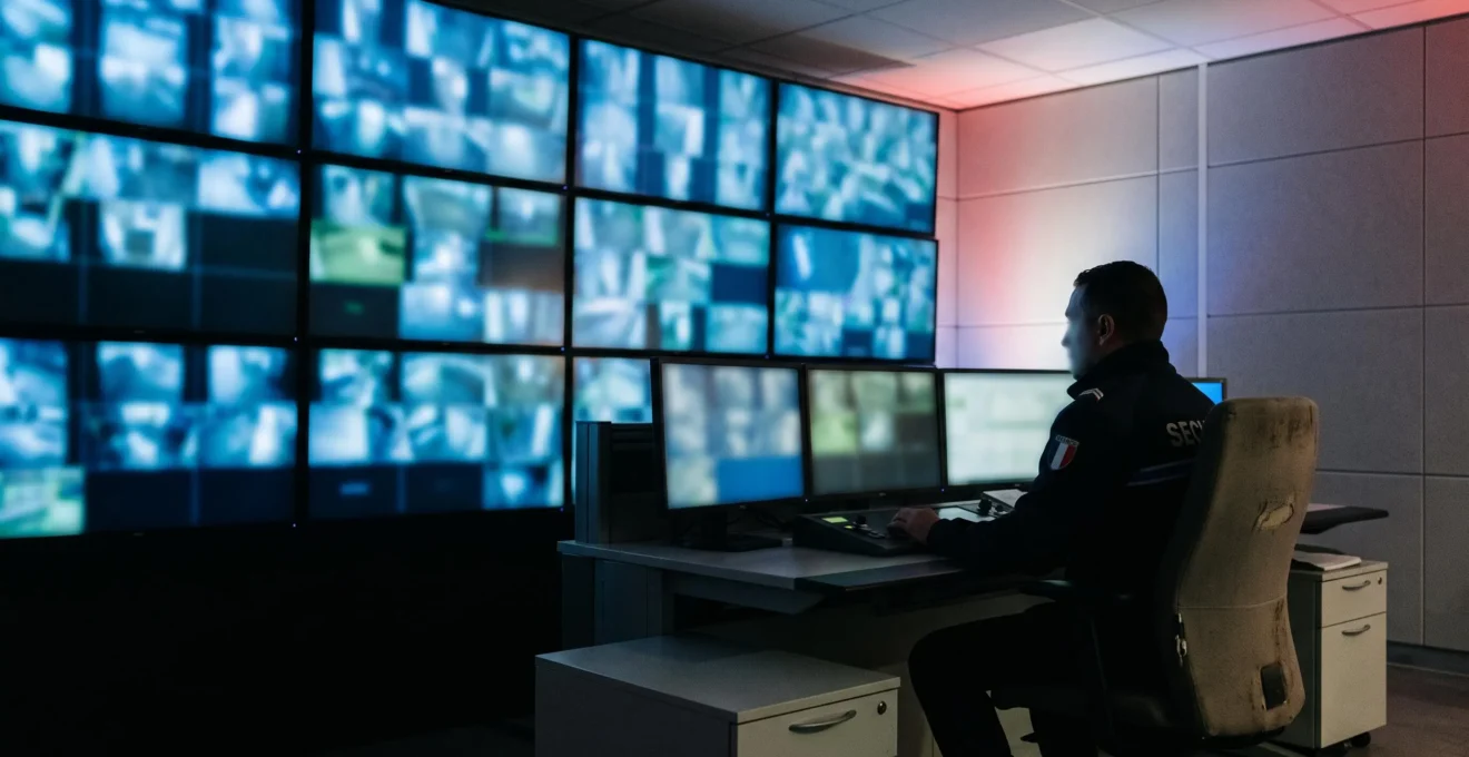 Opérateur de sécurité concentré face à un mur d'écrans de vidéosurveillance dans un centre de contrôle sobre et moderne