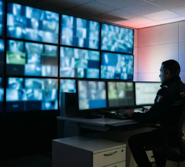 Opérateur de sécurité concentré face à un mur d'écrans de vidéosurveillance dans un centre de contrôle sobre et moderne