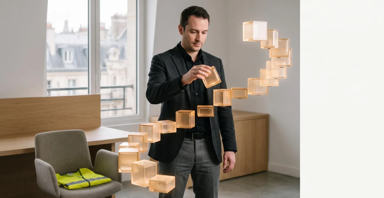 Professionnel de la sécurité assemblant avec précision des modules de formation lumineux pour construire un parcours sur mesure