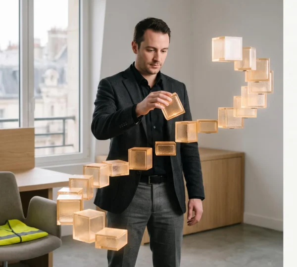 Professionnel de la sécurité assemblant avec précision des modules de formation lumineux pour construire un parcours sur mesure