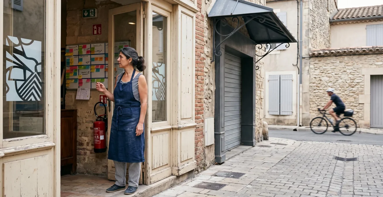 Chef d'entreprise français consultant un calendrier de contrôles de sécurité réglementaires dans un local commercial