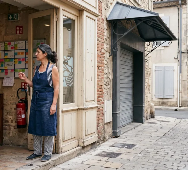 Chef d'entreprise français consultant un calendrier de contrôles de sécurité réglementaires dans un local commercial
