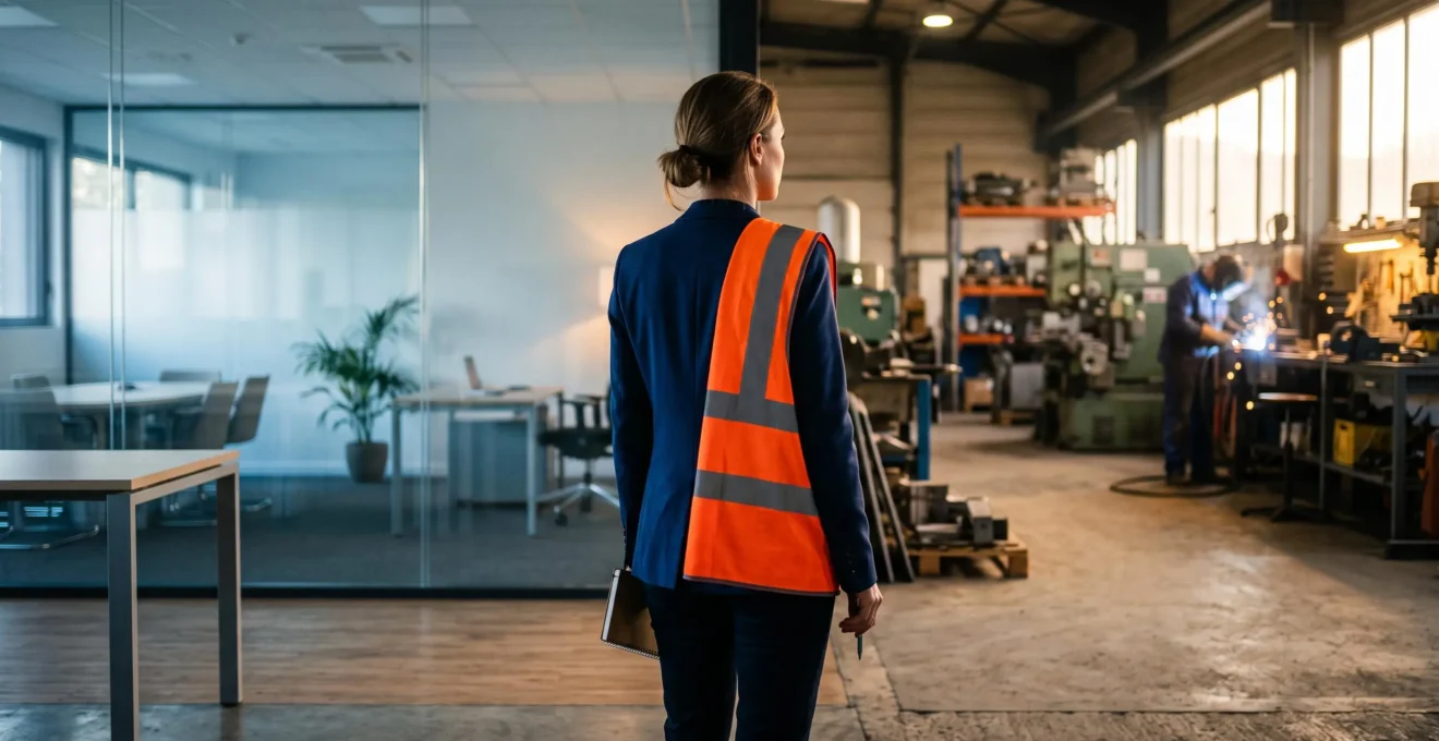 Un professionnel QHSE se tient a la frontiere entre un bureau de direction vitre et un site industriel, symbolisant son role de pont entre strategie et terrain.