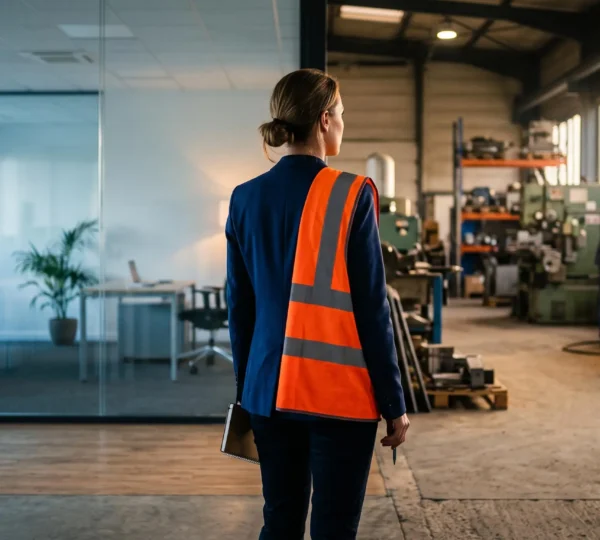 Un professionnel QHSE se tient a la frontiere entre un bureau de direction vitre et un site industriel, symbolisant son role de pont entre strategie et terrain.