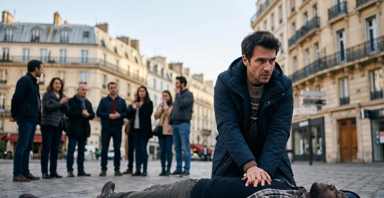 Un citoyen sauveteur agenouillé porte assistance à une victime allongée dans un lieu public français, incarnant les gestes de premiers secours
