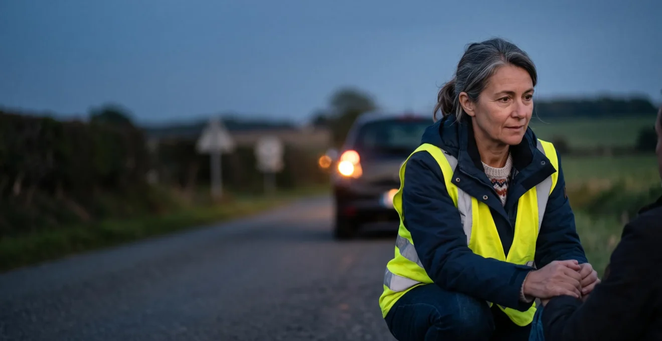 Un témoin porte secours à une victime d'accident de la route sur une route française, en attendant l'arrivée du SAMU
