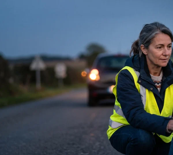 Un témoin porte secours à une victime d'accident de la route sur une route française, en attendant l'arrivée du SAMU