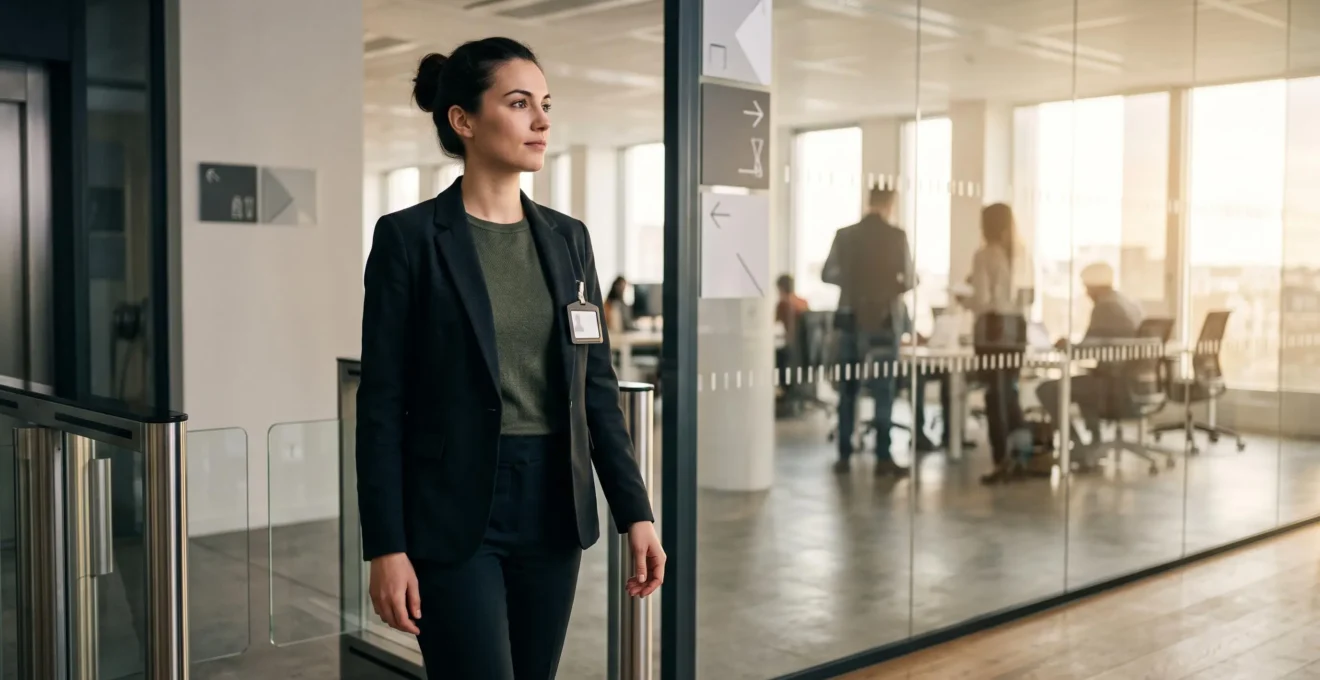 Jeune professionnel en sécurité se tenant à l'entrée d'un environnement de travail moderne, symbolisant la transition du stage vers un CDI