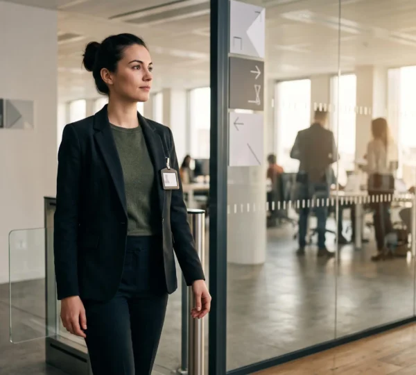 Jeune professionnel en sécurité se tenant à l'entrée d'un environnement de travail moderne, symbolisant la transition du stage vers un CDI