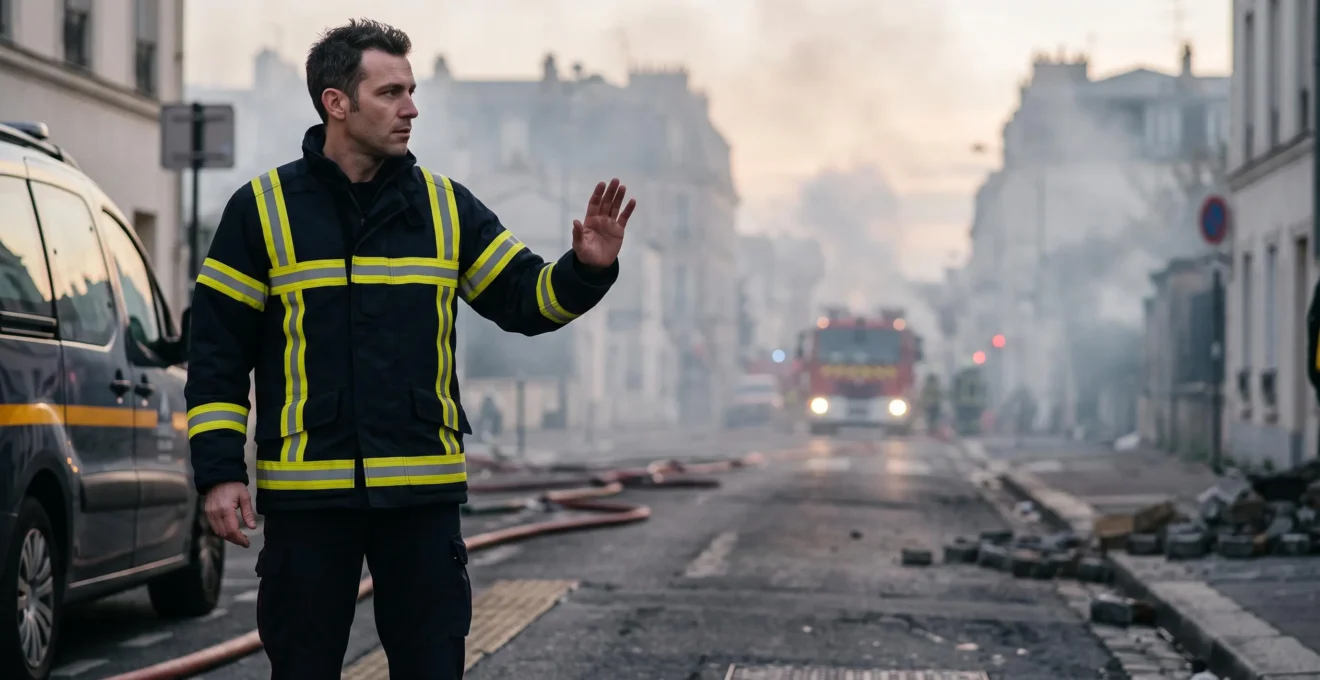 Sauveteur casque en main observant une scène d'intervention dangereuse avant d'agir avec prudence