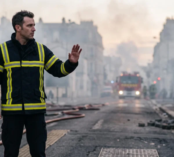 Sauveteur casque en main observant une scène d'intervention dangereuse avant d'agir avec prudence