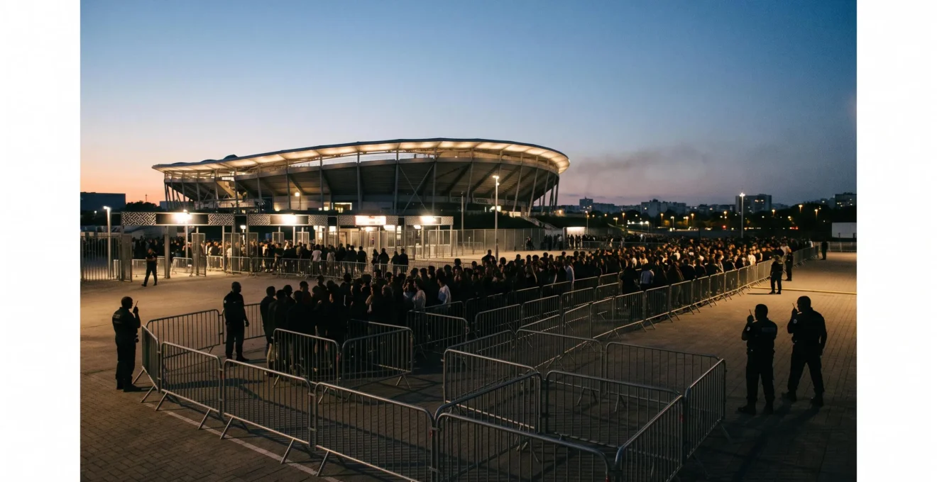 Vue d'ensemble editoriale d'un dispositif de securite organisant l'entree d'un grand evenement en France