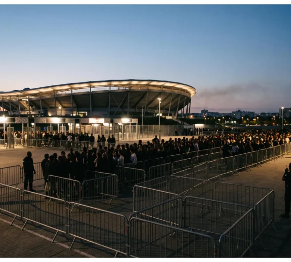 Vue d'ensemble editoriale d'un dispositif de securite organisant l'entree d'un grand evenement en France