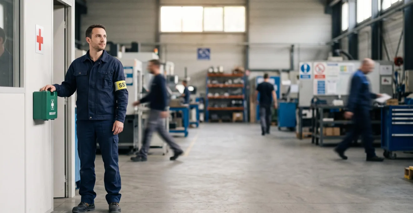 Sauveteur secouriste du travail observant un atelier francais, incarnant l equilibre entre prevention quotidienne et gestes de secours