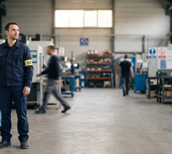Sauveteur secouriste du travail observant un atelier francais, incarnant l equilibre entre prevention quotidienne et gestes de secours