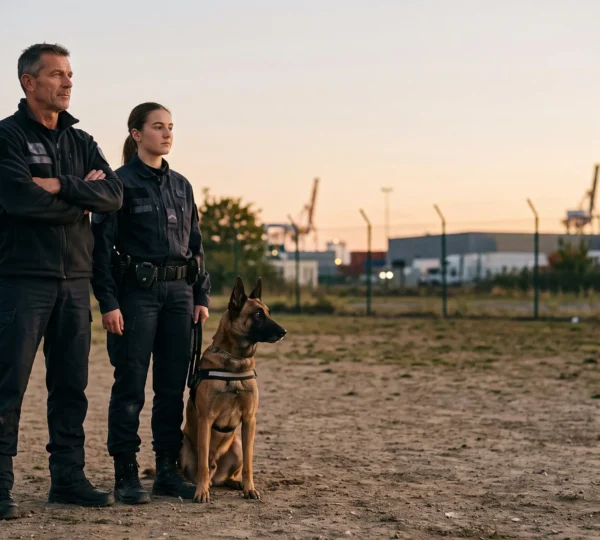 Un formateur expérimenté en cynotechnie transmet son savoir-faire à un stagiaire maître-chien lors d'un exercice de sécurité en France